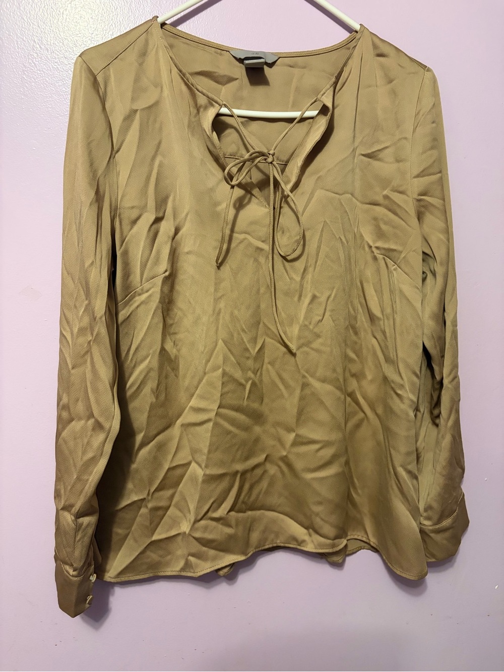 H&M Tan Lace-Up V-Neck Long Sleeve Blouse